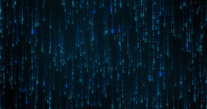 Binary code background. Data of 0 and 1 flowing down screen. Abstract visual for download or digital matrix for internet data. data processing from computer CPU or IoT. Perfect for background of logos