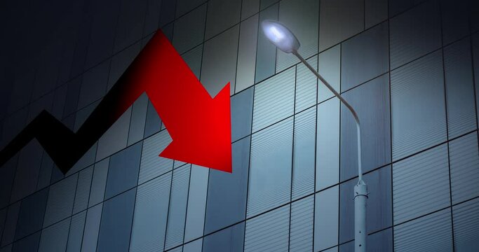 Strict business background with a wall of a modern office building and a red graph arrow going down. The tendency to decline, decline, recession and fall in the exchange rate.