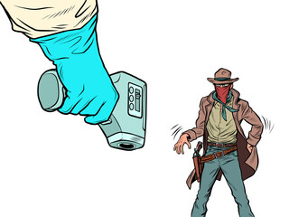 Duel with the coronavirus. Humorous concept. Temperature test