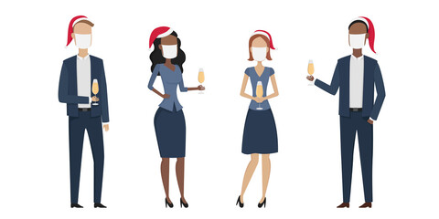 Obraz premium Employees in face masks and red hats drinking champagne. Christmas party. Vector illustration.