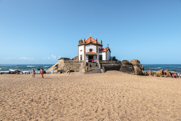 White chapel on the beach in Vila Nova de Gaia, Portugal