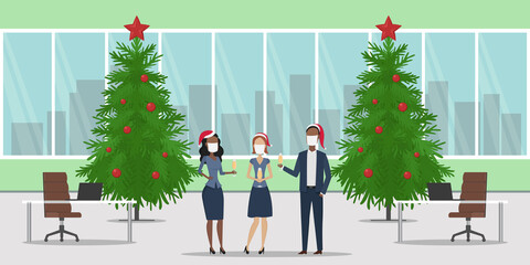 Christmas corporate party. Office people in face masks. Vector illustration