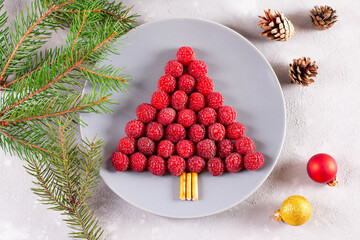 Raspberry christmas tree - funny idea for kids. Creative idea for Christmas and New Year festive desserts.Top view.