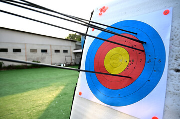 Bow shooting series: Group of arrows missing center of target