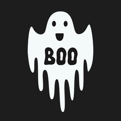 Cute cartoon character ghost with lettering boo in flat style on a black background. Vector illustration for banner, greeting card, placard, poster 
