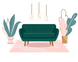 vector illustration. Stylish living room interior. turquoise sofa with plants in pastel colors

