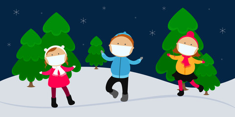 Children in medical masks playing in forest. Cartoon. Vector illustration.