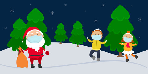 Children in medical masks meet Santa Claus in forest. Cartoon. Vector illustration.