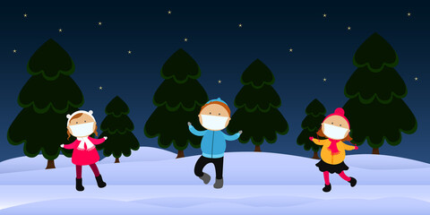 Kids in medical masks playing in winter forest. Cartoon. Vector illustration.