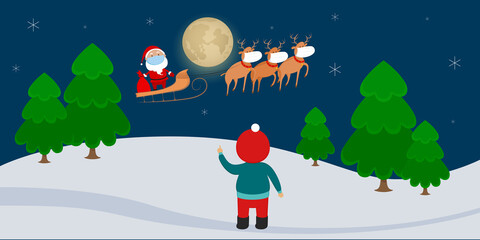 Fototapeta premium Kid point at Santa Claus in medical mask flying on reindeer sleigh. Vector illustration.