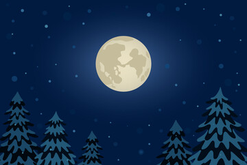 Full moon in night winter forest. Cartoon. Vector illustration.