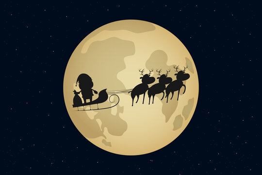 Santa Claus flying on reindeer sleigh on full moon background. Vector illustration.