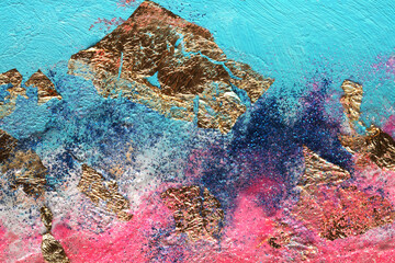 Abstract acrylic color and gold dot glitter. Smear blot painting. Horizontal texture background.