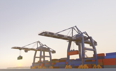 Large port cranes at sunset. Digital 3D render.