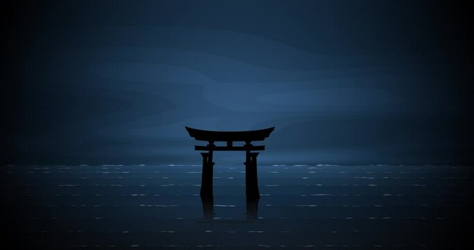 Looped repeating background with an illustration-like Japanese gate in the water. A calm background for information on tourism and travel or deep reflections on fate in dark, blue colors.
