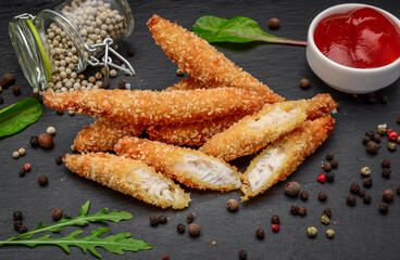 Fish fried nuggets on a black stone board