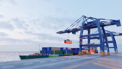Fototapeta premium Port cranes loading containers on a cargo ship at the port. Tilt-shift effect. Digital 3D render, low poly.