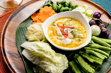Food series: Preserved soy bean dip with crab meat and boiled vegetables, Thai food