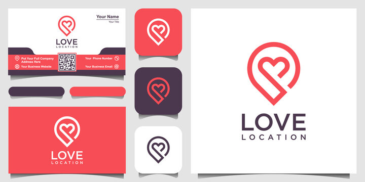Creative love location logo with heart and map marker. Vector design template and business card design