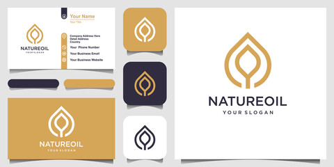 Minimalist elegant leaf and oil logo design with line art style. logo for beauty, Cosmetics, yoga and spa. logo and business card design.