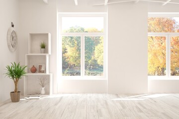Stylish empty room in white color with autumn landscape in window. Scandinavian interior design. 3D illustration