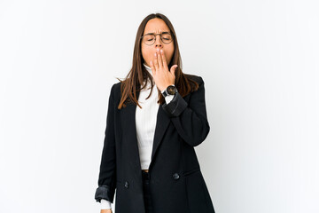 Young mixed race business woman isolated on white background yawning showing a tired gesture covering mouth with hand.