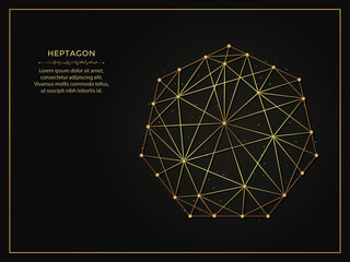 Heptagon golden abstract illustration on dark background. Geometric shape polygonal template made from lines and dots.