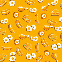 Seamless food pattern. Fast food vector pattern containing Boiled eggs, Fried egg, Egg nugget, Hamburger, Sausage, Hot dog