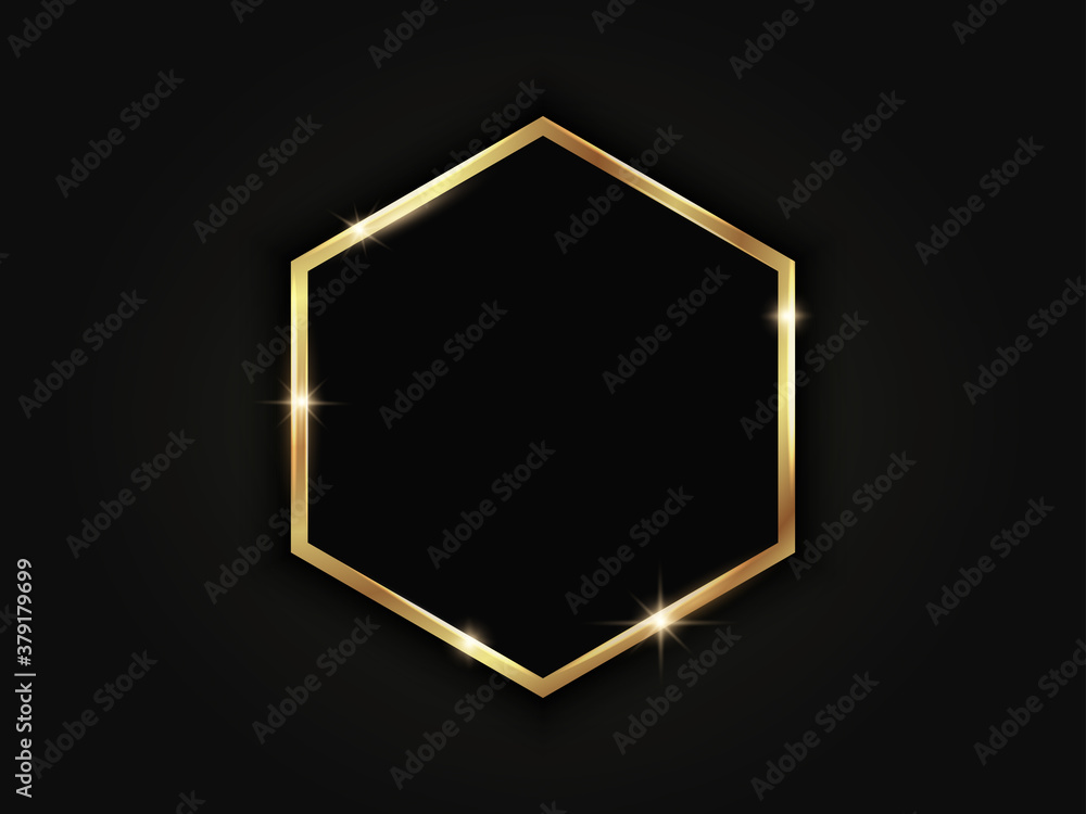 Sticker gold hexagonal frame. geometric luxury template on dark background