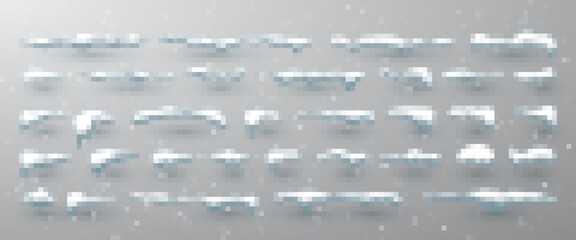 Snow caps, snowballs and snowdrifts set. Snow cap vector collection. Winter decoration element. Snowy elements on winter background. Cartoon template. Illustration