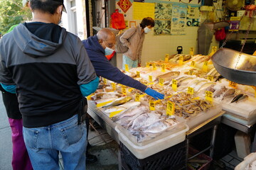 Sept 19, 2020 People buying seafood at Chinatown after lockdown from Covid-19. New York City, NYC, USA.