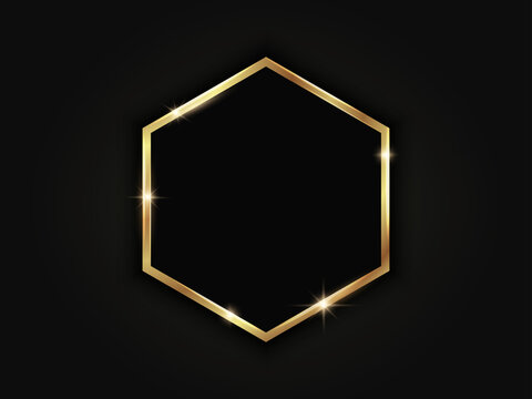 Gold hexagonal frame. Geometric luxury template on dark background