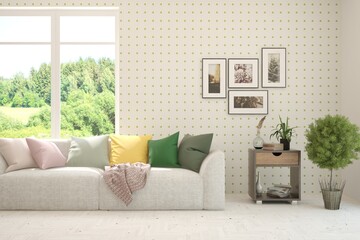 White living room with sofa and summer landscape in window. Scandinavian interior design. 3D illustration