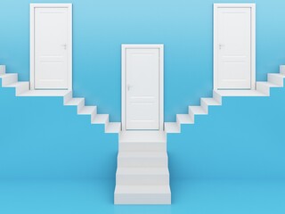 white stairs with white door in blue background ,3d rendering