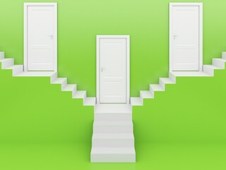 white stairs with white door in green background ,3d rendering