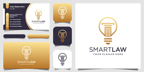 creative bulb lamp and pillar logo and business card design. Idea creative light bulb law, lawyer logo.