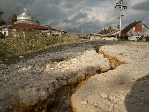 Damaged and Cracked road surface after earthquake
