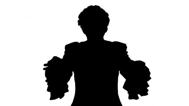 Silhouette Man dressed like Mozart conducting expressively while looking at camera.