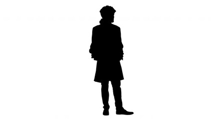 Silhouette Man in 18th century camisole and wig doing welcoming gesture.