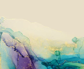 Zelfklevend Fotobehang Abstract blauw, violet en goud glitter kleur achtergrond. Marmeren textuur. Alcohol inkt kleuren. © Liliia