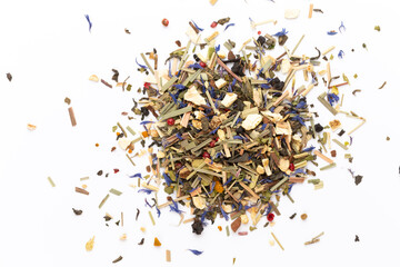Herbal tea on a white background. Top view.