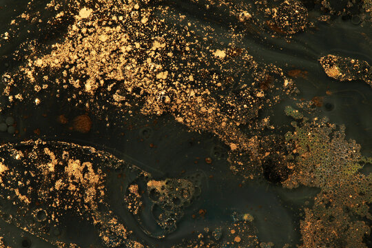 Macro Black And Gold Abstract Bubble Drop Texture Background. Acrylic Color In Water And Oil.