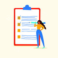 Vector flat illustration of a Checklist. Completing tasks on time. A business woman or female office worker holds a giant pencil and stands with a marked control Board.