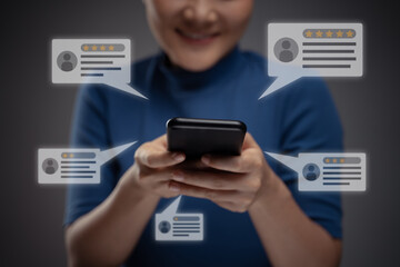 Asian woman using smart phone for check feedback, reviews with comments icon hologram effect.