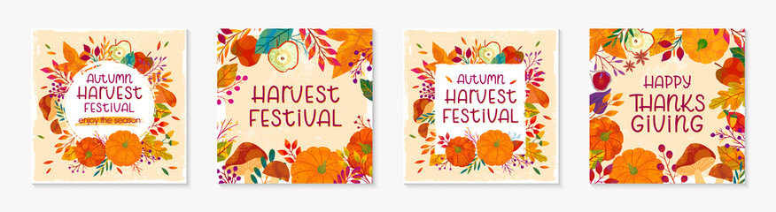 Obraz premium Autumn seasonals postes with leaves and floral elements in fall colors.Thanksgiving greetings and harvest fest posters perfect for prints,flyers,banners,invitations.Vector autumn illustrations