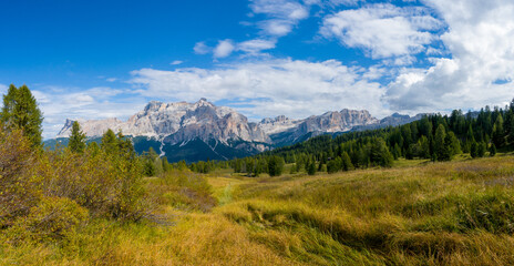 Fototapeta premium Aerial/Drone - Piz de Medesc (Medesspitze) and Cima Cunturines (Cunturines-Spitze) beautiful panorama landscape of the dolomites mountains, alpes south tyrol Italy
