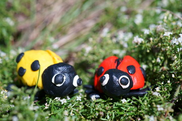 Figures of two ladybirds in the green grass.