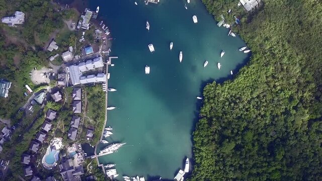 Marigot Bay St Lucia  Surrounded Green Forests And Resorts, St Lucia, Orbital Aerial Shot