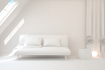 White minimalist living room with sofa. Scandinavian interior design. 3D illustration