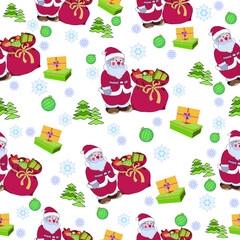 New Year pattern with Santa, gifts, Christmas balls on a white background. Vector illustration. Textile composition, template for design print, fabric, wallpaper and box.